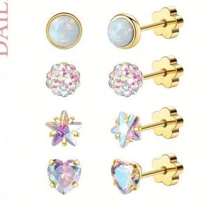 Set of 4 Gold plated  and Iridescent Stud Earring Set